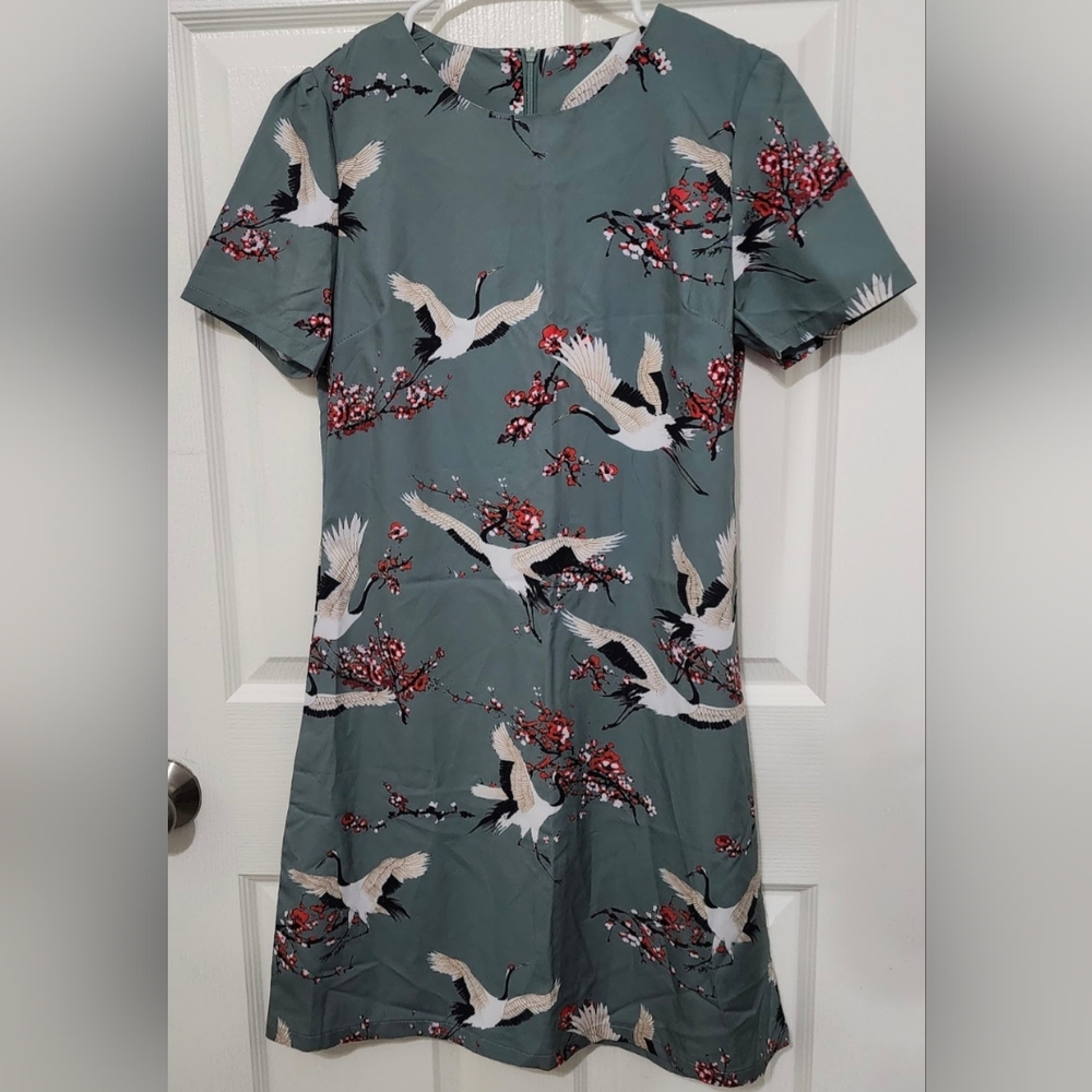 Elegant Floral & Crane Print Dress